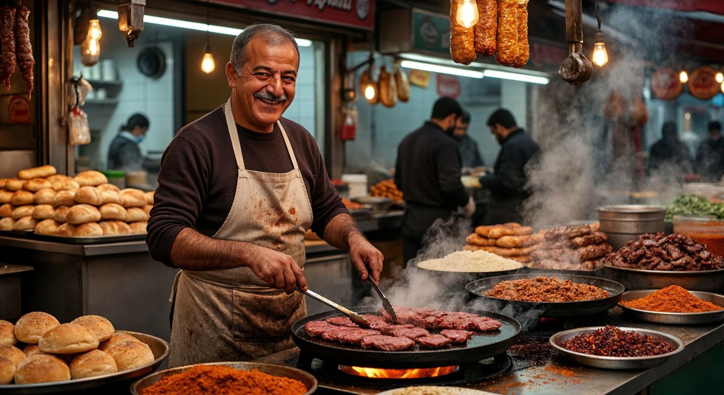 A bustling Turkish street food stall with a smiling, middle-aged man in an apron grilling seasoned meat on a hot plate, surrounded by the aroma of spices and fresh bread.
