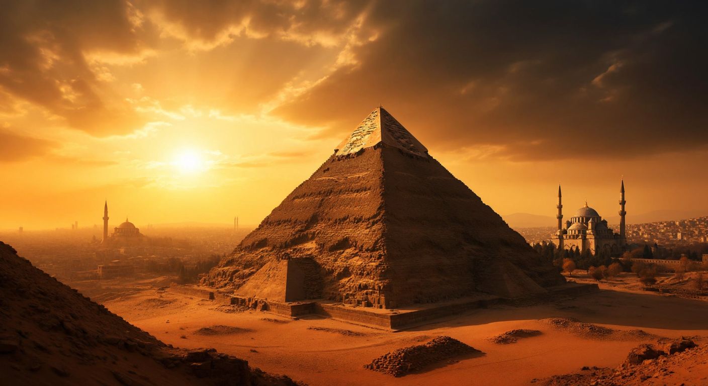 A weathered ancient Egyptian pyramid stands tall under a golden desert sun, while in the distance, a silhouette of Istanbul's Hagia Sophia blends into the horizon, symbolizing Turkey's deep but younger historical roots.
