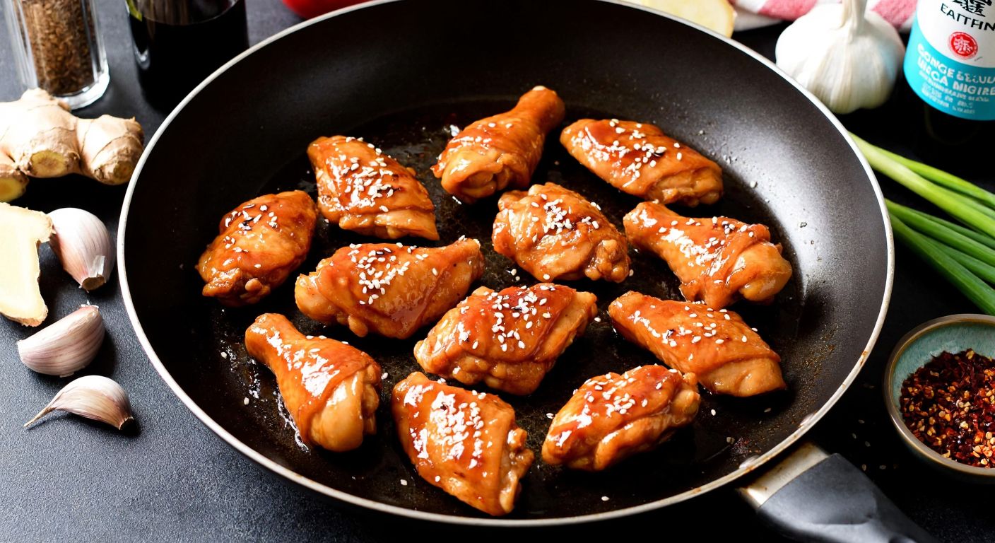 A sizzling pan of glazed teriyaki chicken pieces, garnished with sesame seeds and surrounded by fresh ingredients like ginger, garlic, and soy sauce bottles, evoking a warm, aromatic kitchen scene.