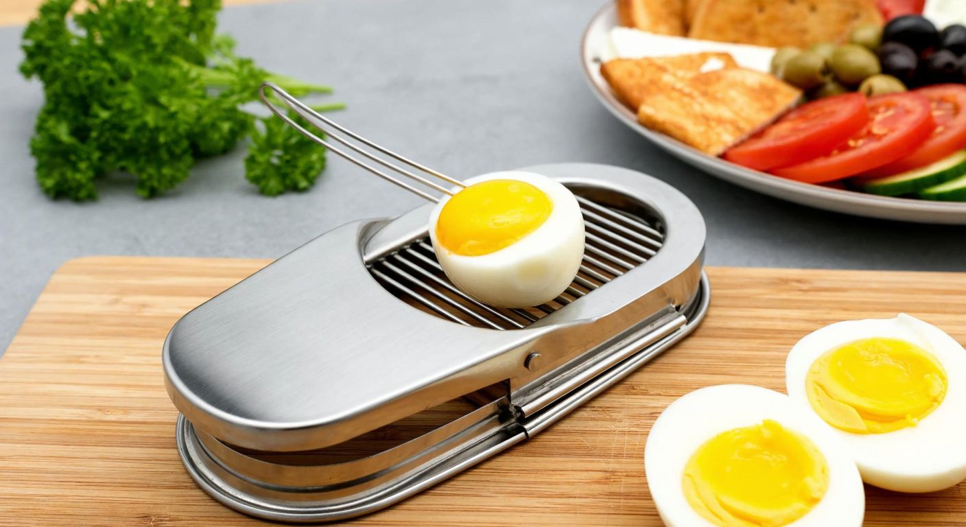 A stainless steel egg slicer with thin wires rests on a wooden kitchen counter, neatly dividing a peeled boiled egg into uniform slices beside a vibrant Turkish breakfast spread featuring olives, tomatoes, cucumbers, and fresh bread.