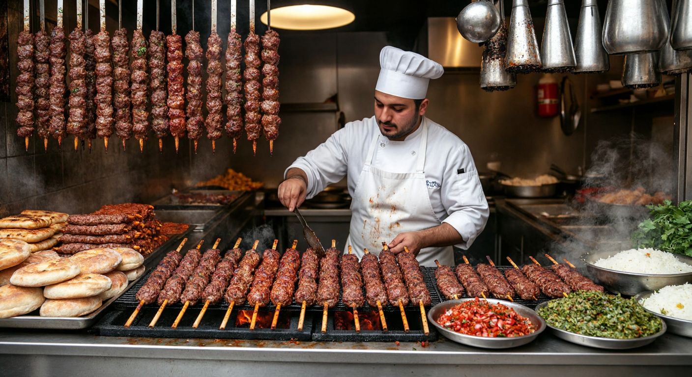 A bustling Turkish kebab shop with a chef in a white apron carefully stacking seasoned meat onto various lengths of vertical skewers, surrounded by the aroma of grilling spices and fresh bread.