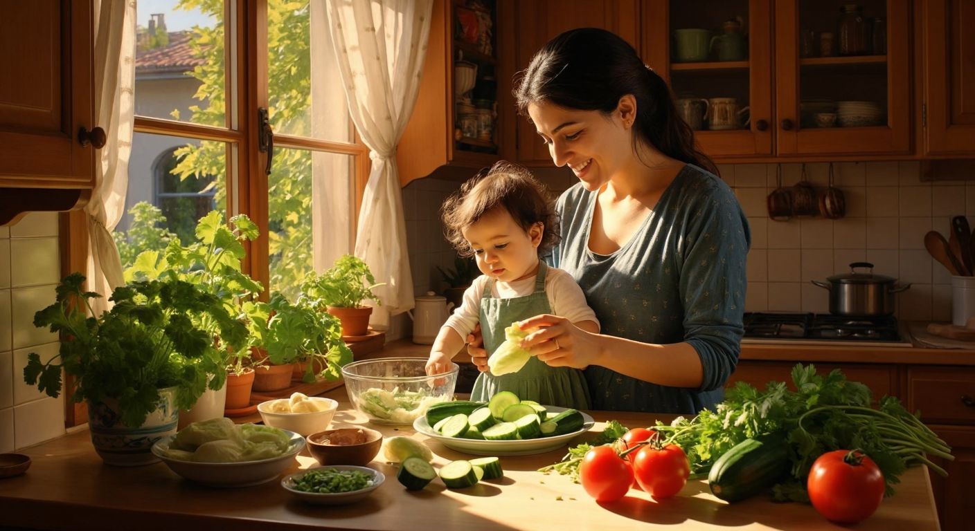A smiling Turkish mother in a sunlit kitchen carefully places freshly cut cucumber pieces into a small mesh feeder while her curious baby watches from a high chair, surrounded by colorful vegetables on a wooden counter.