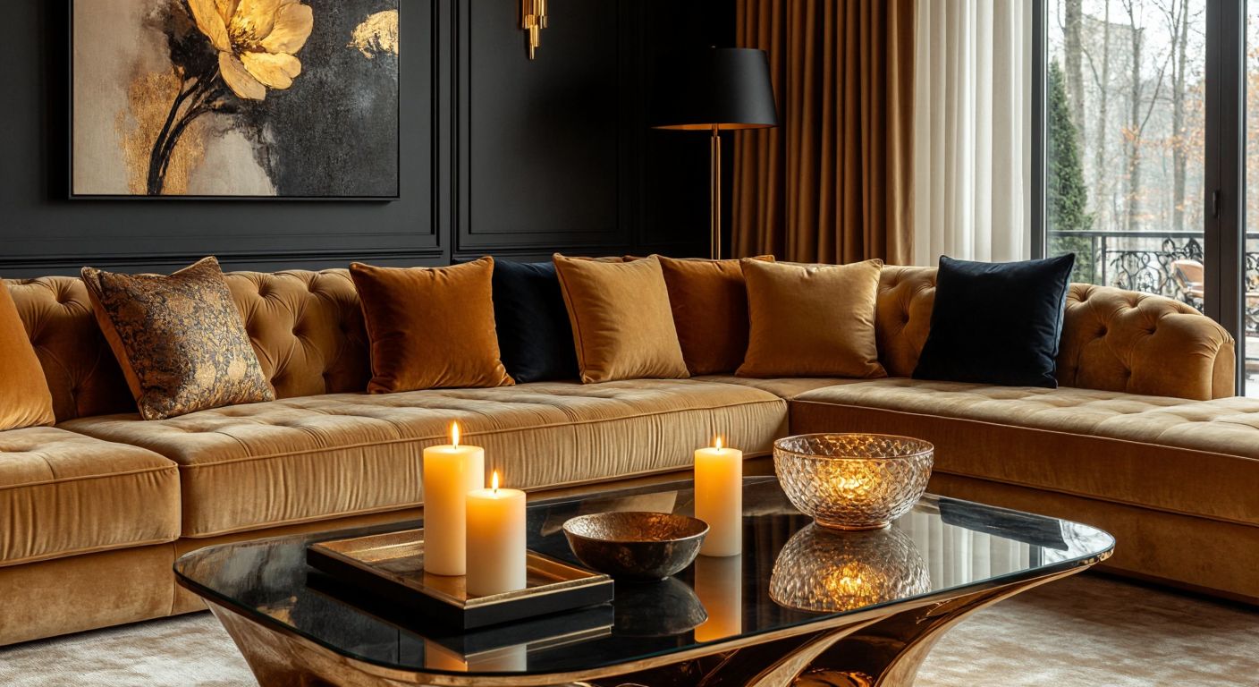 A stylish Turkish living room with elegant Vakko Home decor—a plush velvet sofa, a glass coffee table topped with scented candles, and a decorative ceramic bowl, bathed in warm golden light from a modern floor lamp.