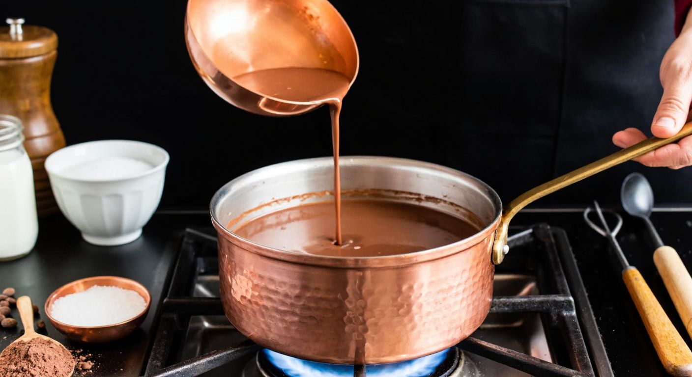 A warm Turkish kitchen with a copper pot simmering on a stove, surrounded by ingredients like milk, sugar, and cocoa, while a hand stirs the creamy chocolate mixture with a whisk.