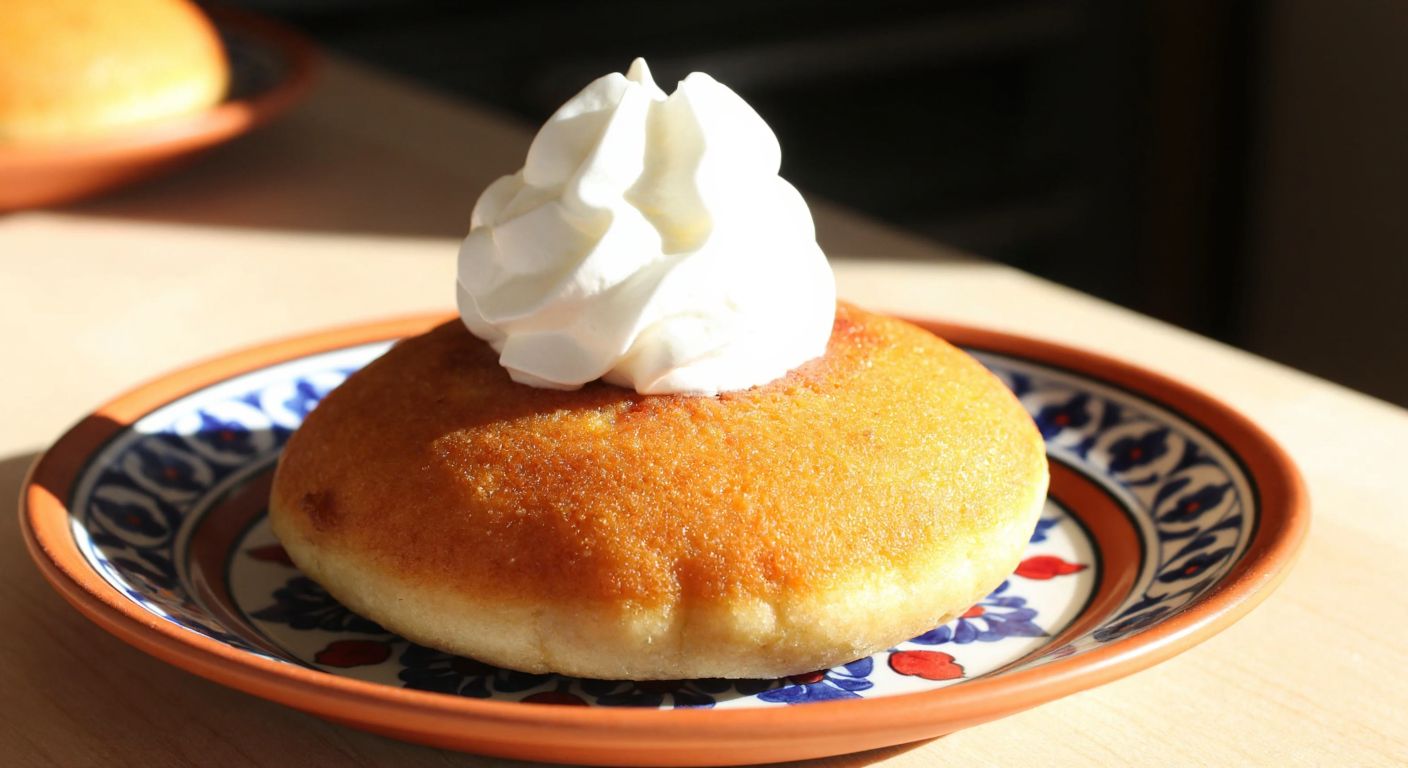 A golden-brown kerebiç dessert topped with fluffy white whipped cream, placed on a traditional Turkish ceramic plate with a warm, sunlit kitchen in the background.