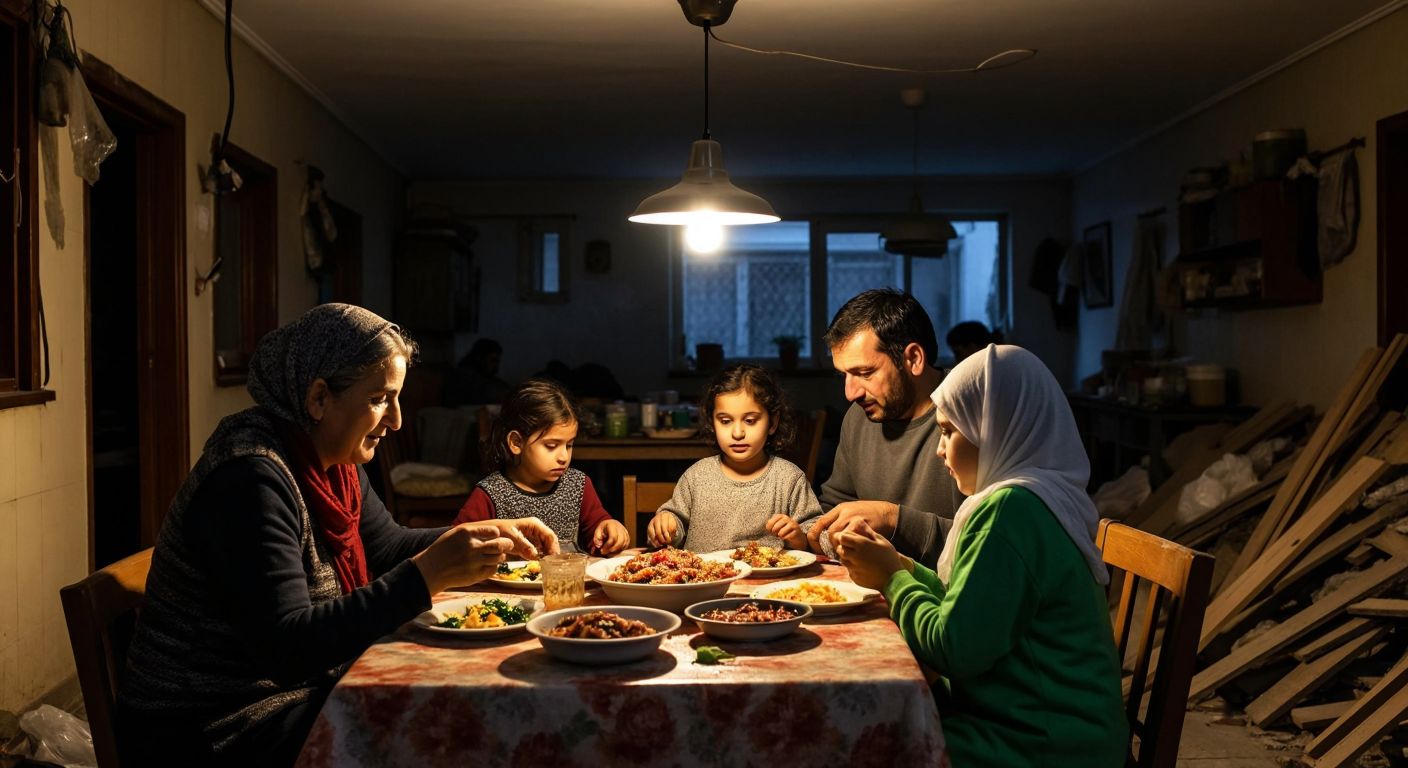 A Turkish family dining at a table with untouched plates of food, a dripping faucet in the background, and a pile of unused construction materials nearby, all under the glow of an unneeded bright ceiling light.