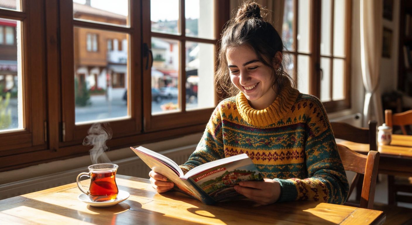 A young adult in Turkey sits at a wooden table, smiling while flipping through a colorful German language textbook with illustrations, a steaming cup of Turkish tea beside them.