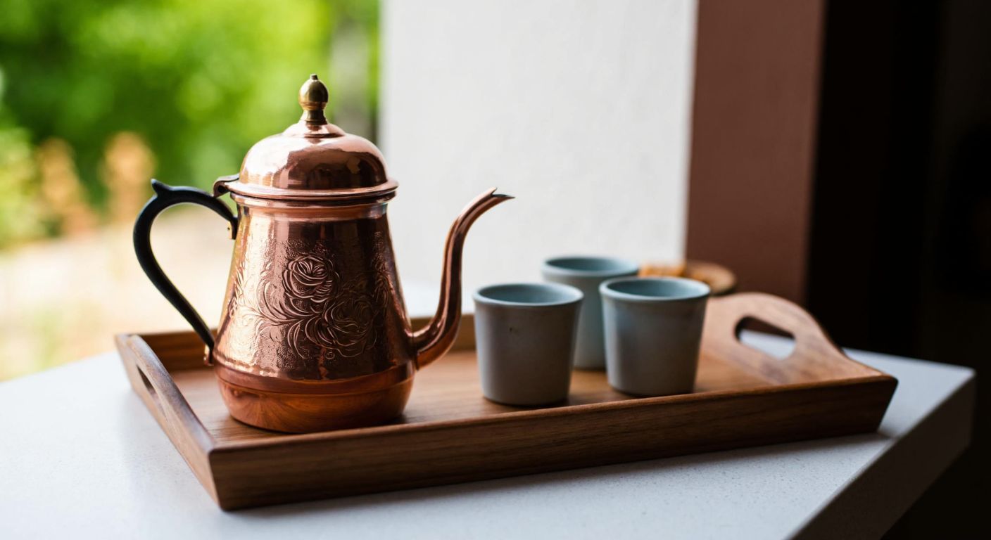 A traditional Turkish copper coffee set with rose floral engravings, placed on a wooden tray alongside small ceramic cups, evoking warmth and hospitality in a sunlit Anatolian home.