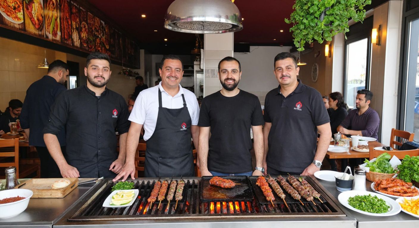 A bustling Turkish kebap restaurant with three proud owners—Aykut Yeşil, Fikret Yılmaz, and Hasan Usta—each standing behind their sizzling grills, surrounded by the aroma of spices and the lively chatter of satisfied customers.