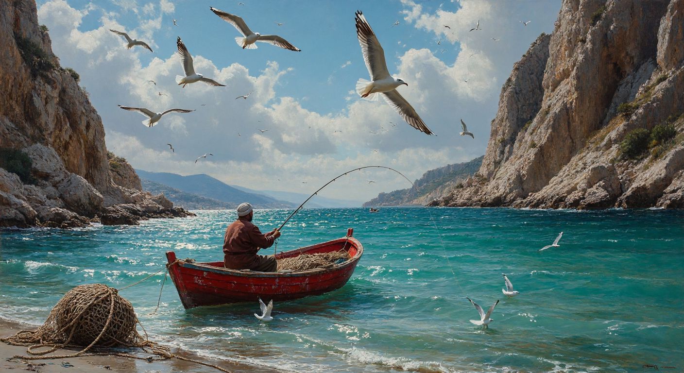A Turkish fisherman in a red boat casts his line into the shimmering turquoise waters near a rocky coastline during rising tide, with seagulls circling overhead and a woven fishing net draped over the side.
