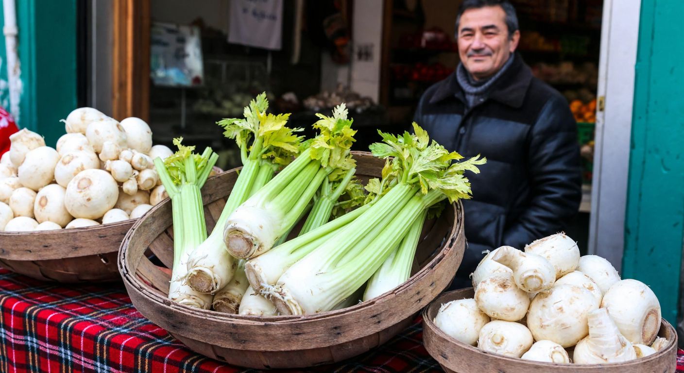 A rustic wooden basket filled with fresh celery roots, resting on a frost-covered market stall in a Turkish winter bazaar, with a vendor in a thick coat smiling nearby.