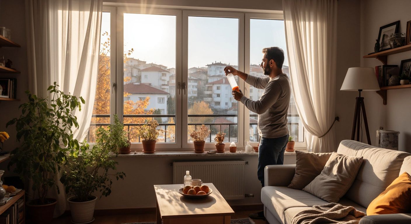 A Turkish homeowner in a cozy living room with pimapen windows, carefully applying foam sealant to the window frame while thick fabric curtains flutter slightly in the breeze.