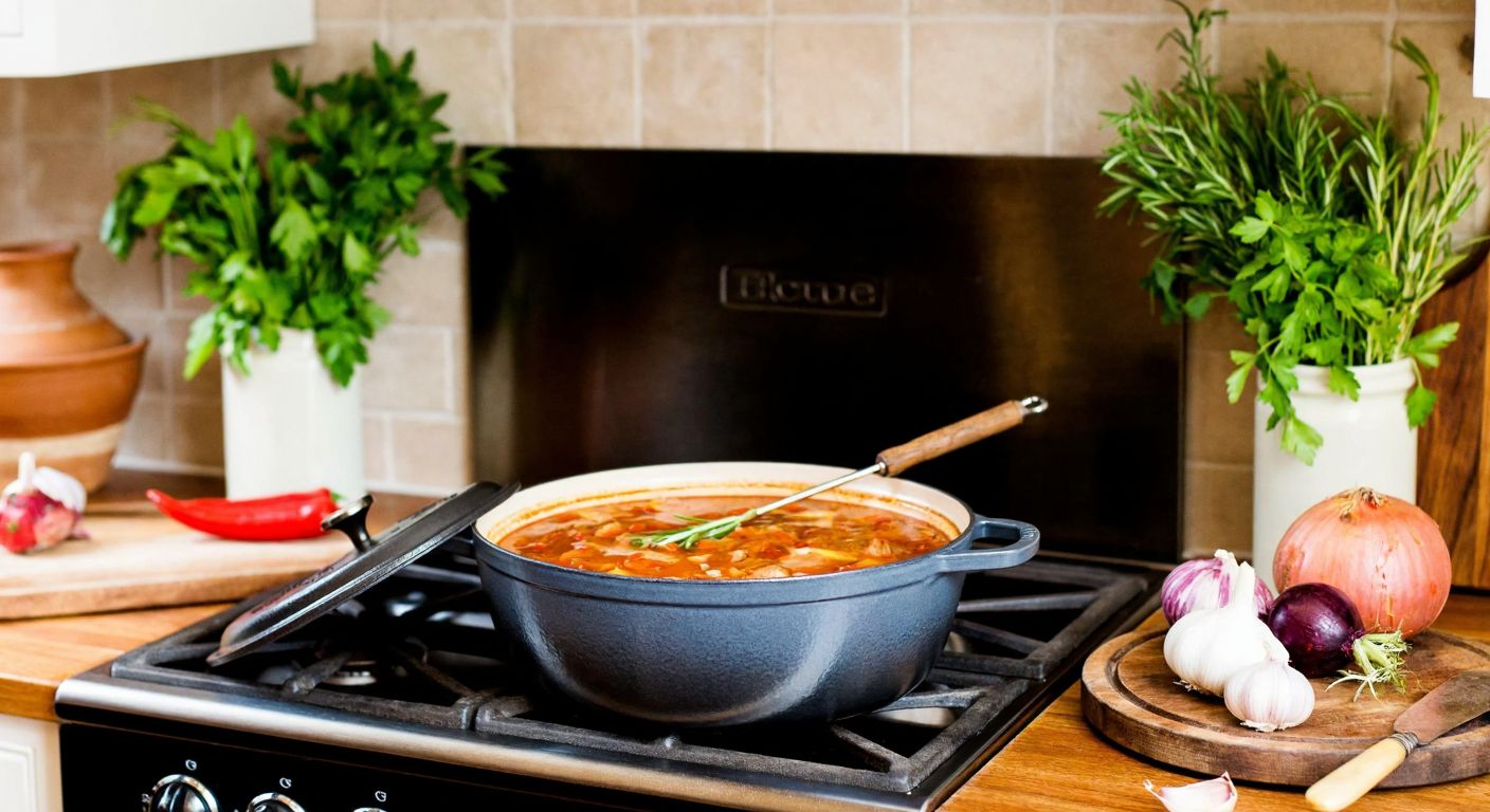 A rustic French kitchen with a cast-iron Staub pot simmering on a stove, surrounded by fresh herbs and vegetables, evoking warmth and craftsmanship.