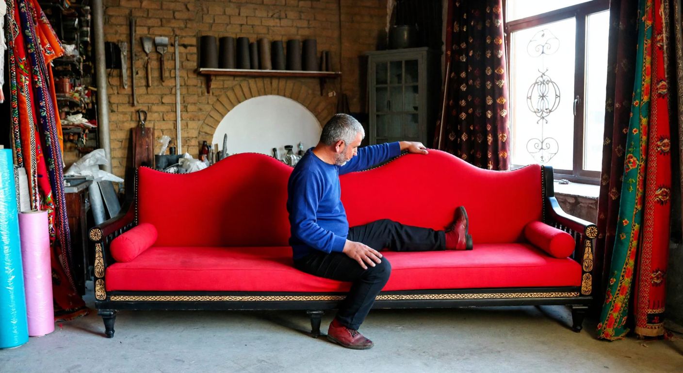 A skilled craftsman in a Diyarbakır workshop carefully reupholstering a traditional Turkish sofa with vibrant red fabric, surrounded by rolls of colorful textiles and tools.