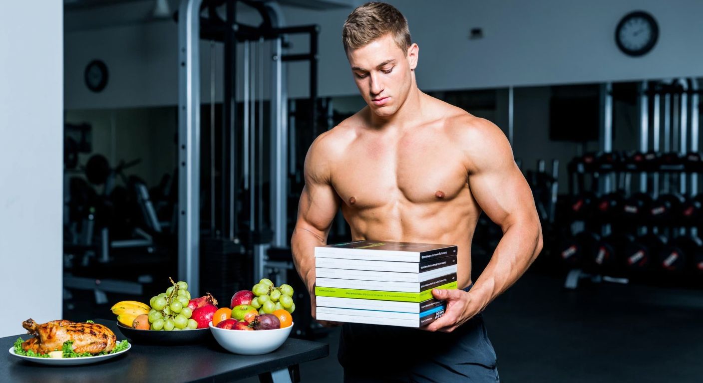 A muscular athlete in a gym, holding a stack of nutrition books with a bowl of fresh fruits and grilled chicken on a table nearby, looking focused and determined.