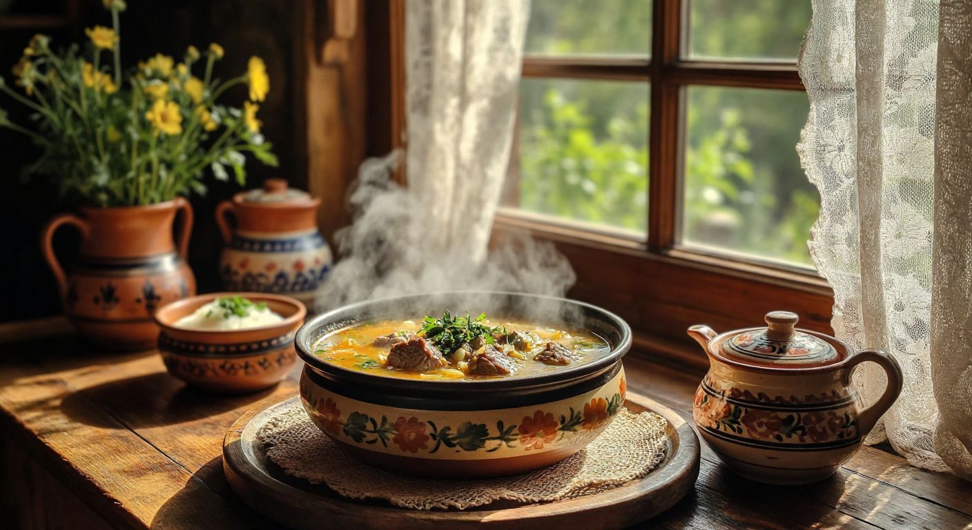 A steaming bowl of **Tatar Çorbası** with golden broth, tender meat, and fresh herbs, placed on a rustic wooden table in a cozy **Eskişehir** home, surrounded by traditional Turkish ceramic dishes and warm sunlight filtering through lace curtains.