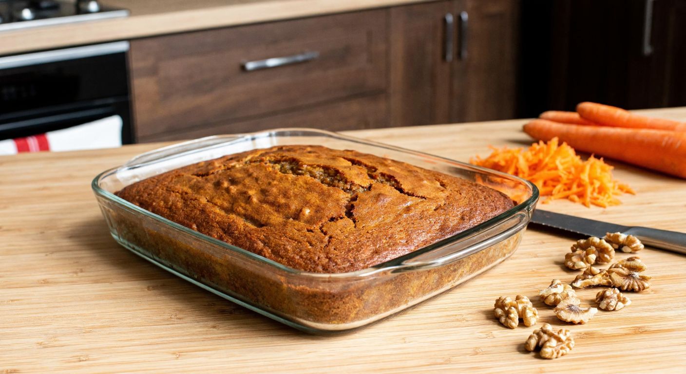 A warm, golden-brown carrot and walnut cake, freshly baked in a glass baking dish, sits on a wooden kitchen counter in a cozy Turkish home, with grated carrots and crushed walnuts scattered nearby.