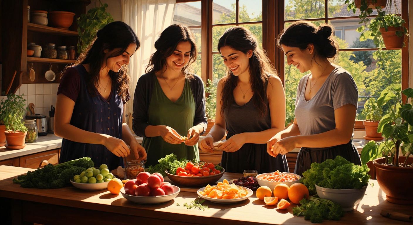 Three confident Turkish women in a sunlit kitchen, smiling as they arrange colorful organic snacks on a wooden table, surrounded by fresh fruits and vegetables.
