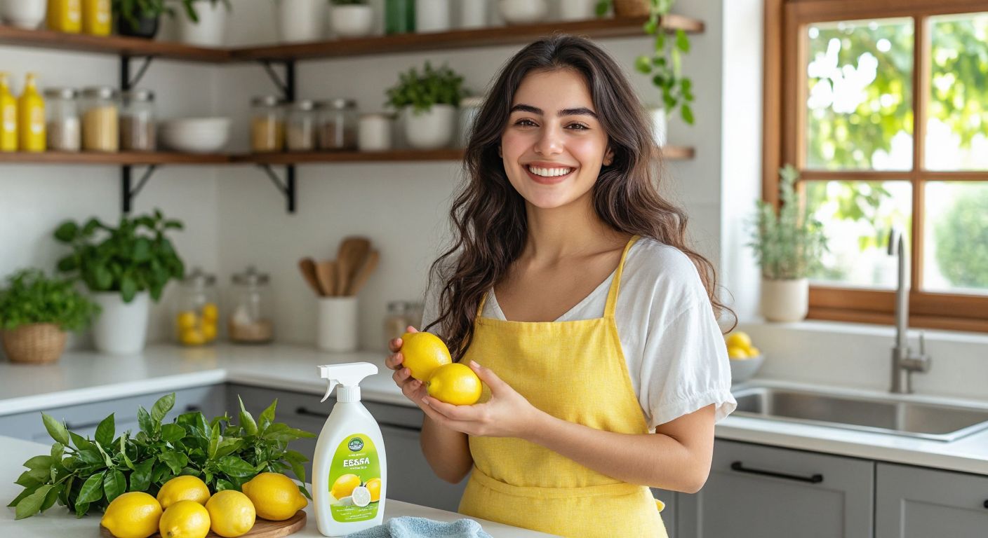 A cheerful Turkish woman in a bright kitchen holds an Ersağ product with a relaxed smile, surrounded by natural cleaning supplies and fresh lemons, conveying choice and ease.