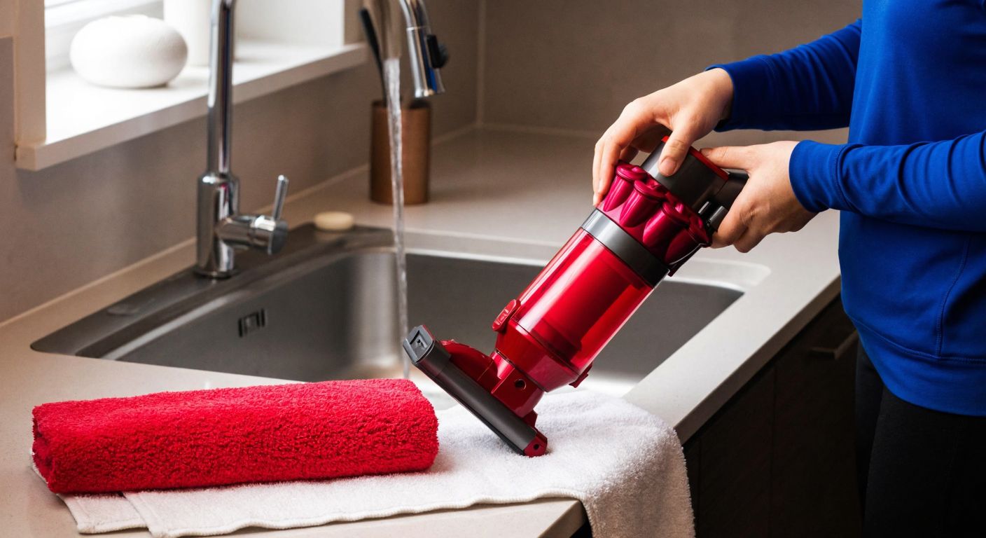 A person in a Turkish home carefully disassembles a red Dyson vacuum sponge attachment, placing its parts on a clean towel near a sink with running water, while a microfiber cloth and drying rack sit nearby.