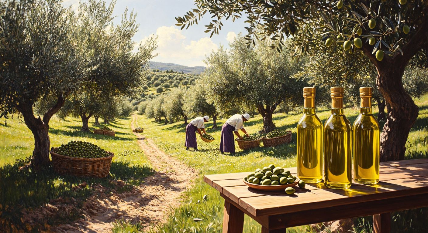 A sunlit olive grove in Turkey with workers carefully harvesting ripe olives, while golden bottles of extra virgin olive oil glisten on a wooden table nearby.
