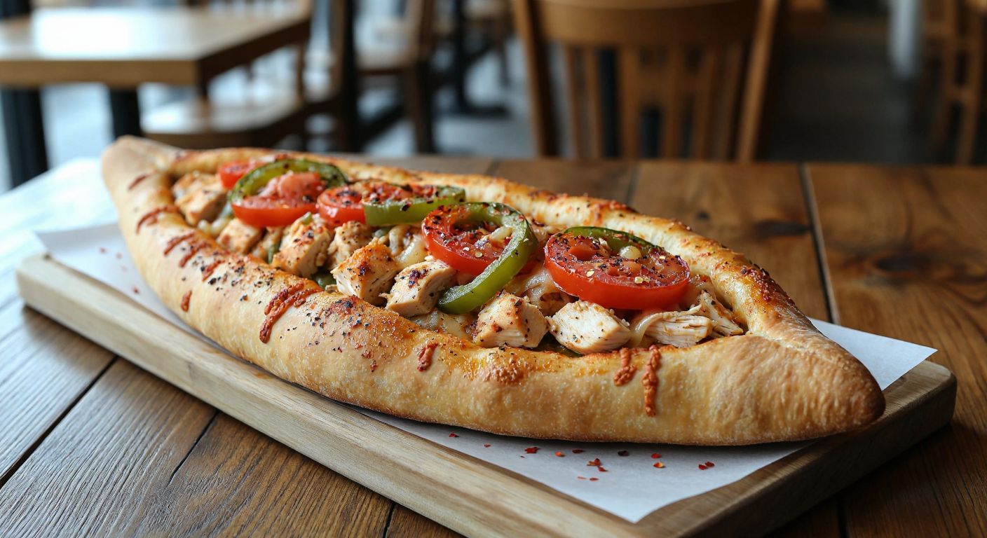 A golden-brown pide, fresh from the oven, filled with shredded chicken, melted kaşar cheese, diced tomatoes, and green peppers, sprinkled with red pepper flakes and black pepper, resting on a wooden table in a cozy Turkish eatery.