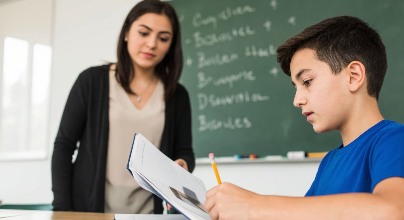 A young Turkish student in a classroom, attentively reading a notebook with a pencil in hand, while a teacher points to a chalkboard filled with structured lines representing paragraphs.