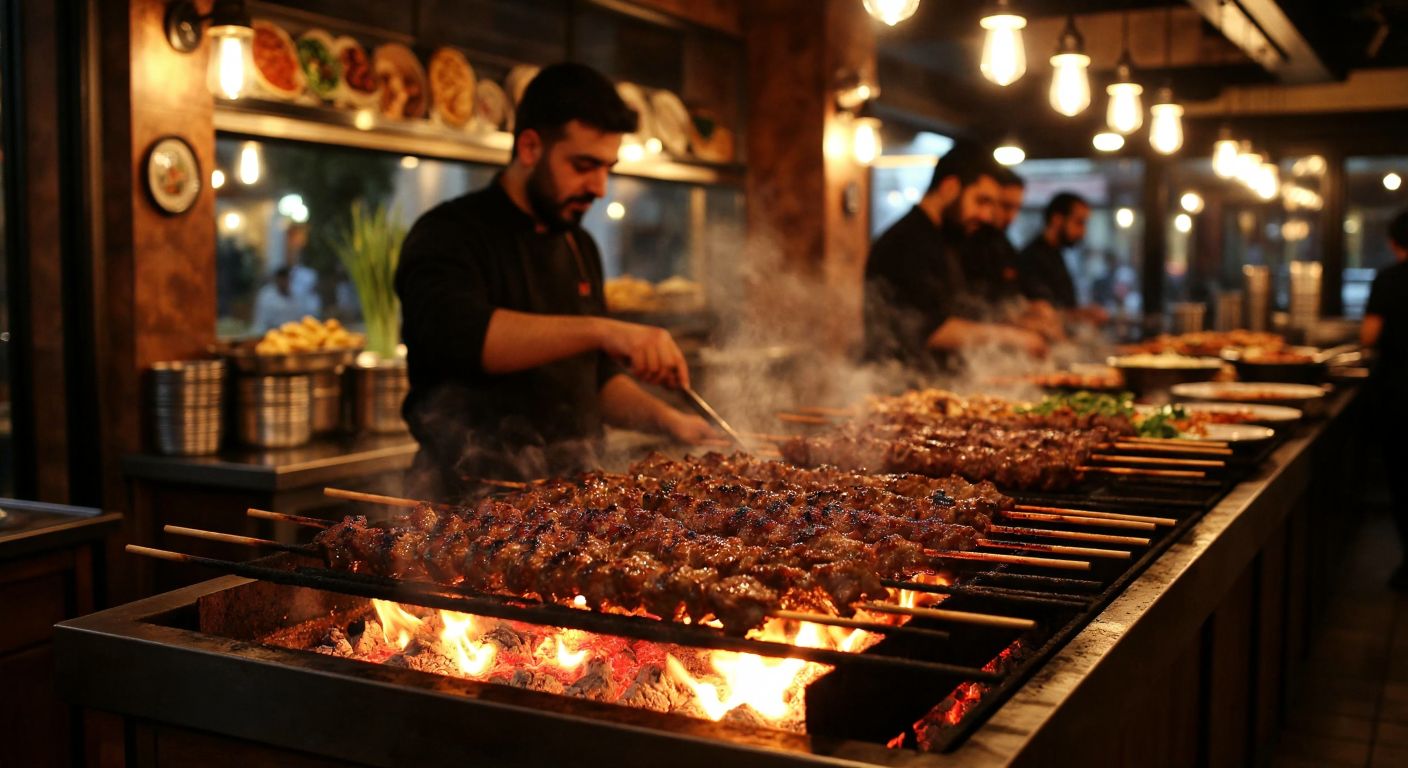 A bustling Turkish ocakbaşı restaurant with sizzling skewers of meat over glowing embers, set in a cozy, warmly lit interior in either Fatih or Şişli, Istanbul, with locals enjoying the aromatic dishes.