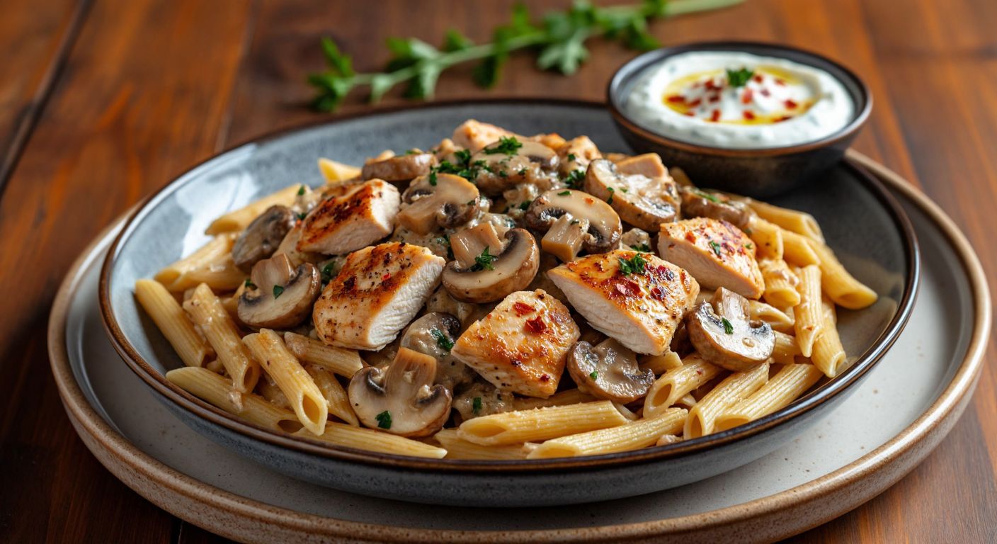 A steaming plate of golden-brown buttered pasta topped with tender chicken pieces, creamy mushroom sauce, and a sprinkle of red pepper flakes, served on a rustic Turkish ceramic plate with a side of garlic yogurt.