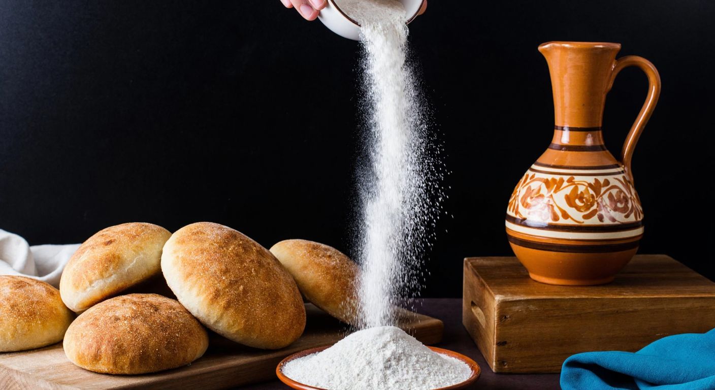 A white powdered substance being sprinkled over freshly baked bread, a bowl of powdered soup, and a ceramic vase being painted, all arranged on a wooden table in a Turkish kitchen.