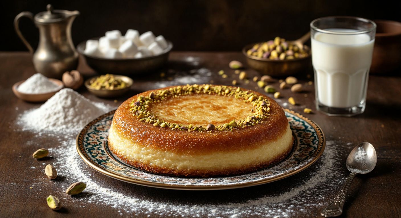 A golden-brown Dubai dessert sits on a decorative plate, surrounded by scattered flour, a glass of milk, sugar cubes, and crushed pistachios, evoking warmth and indulgence.