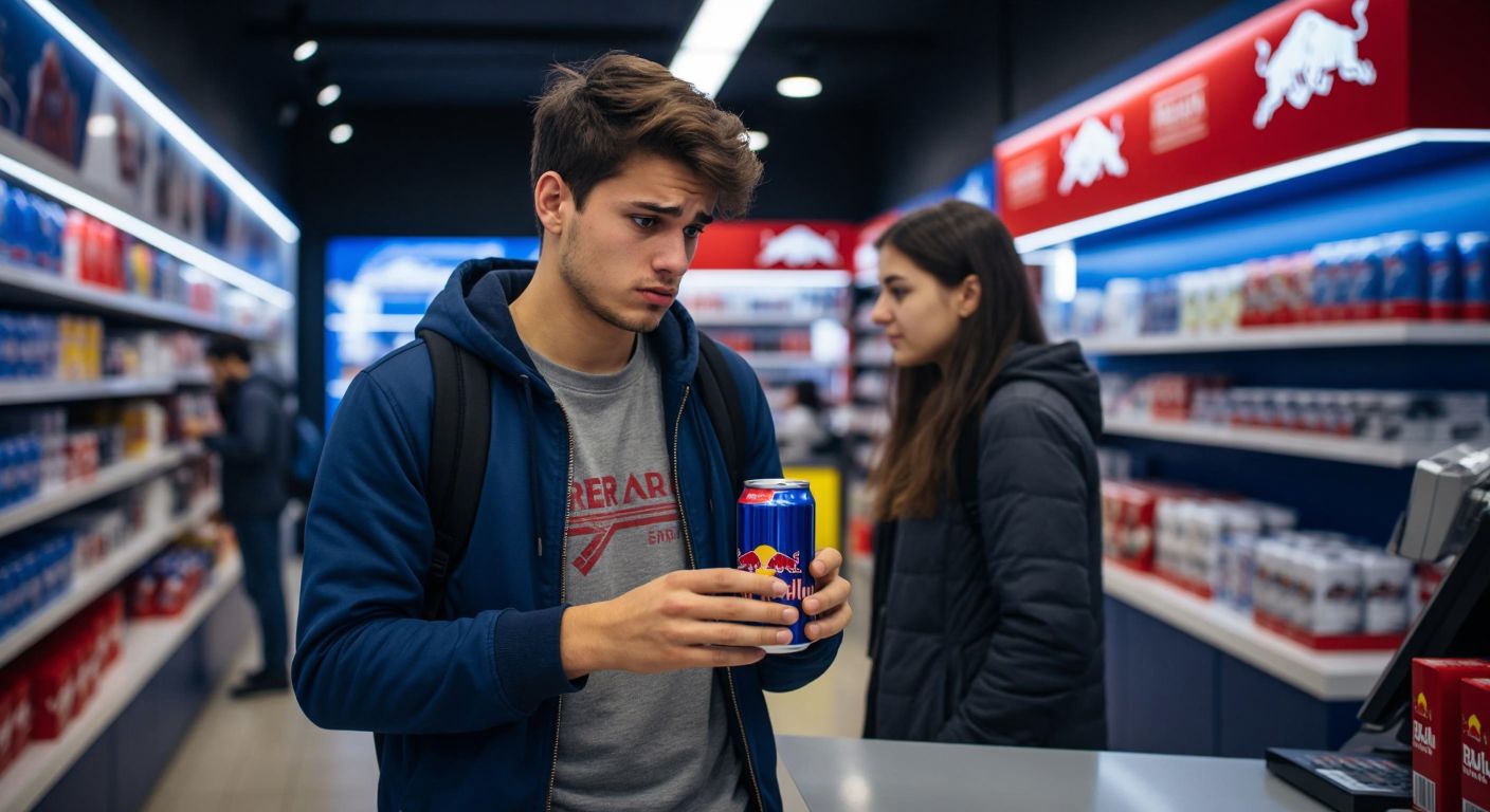 A disappointed young man in a Red Bull-branded store in Turkey, holding a can of Red Bull while looking at a cashier shaking their head.