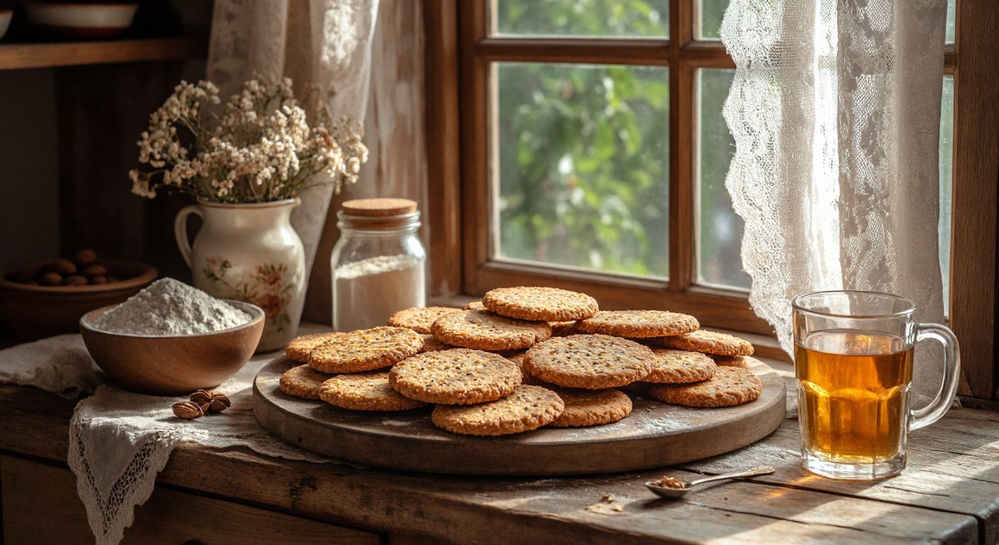 A rustic wooden table in a Turkish kitchen holds golden-brown whole wheat galeta crackers, freshly baked and arranged beside a bowl of flour, a jar of mahlep, and a glass of warm water, with sunlight streaming through a lace-curtained window.