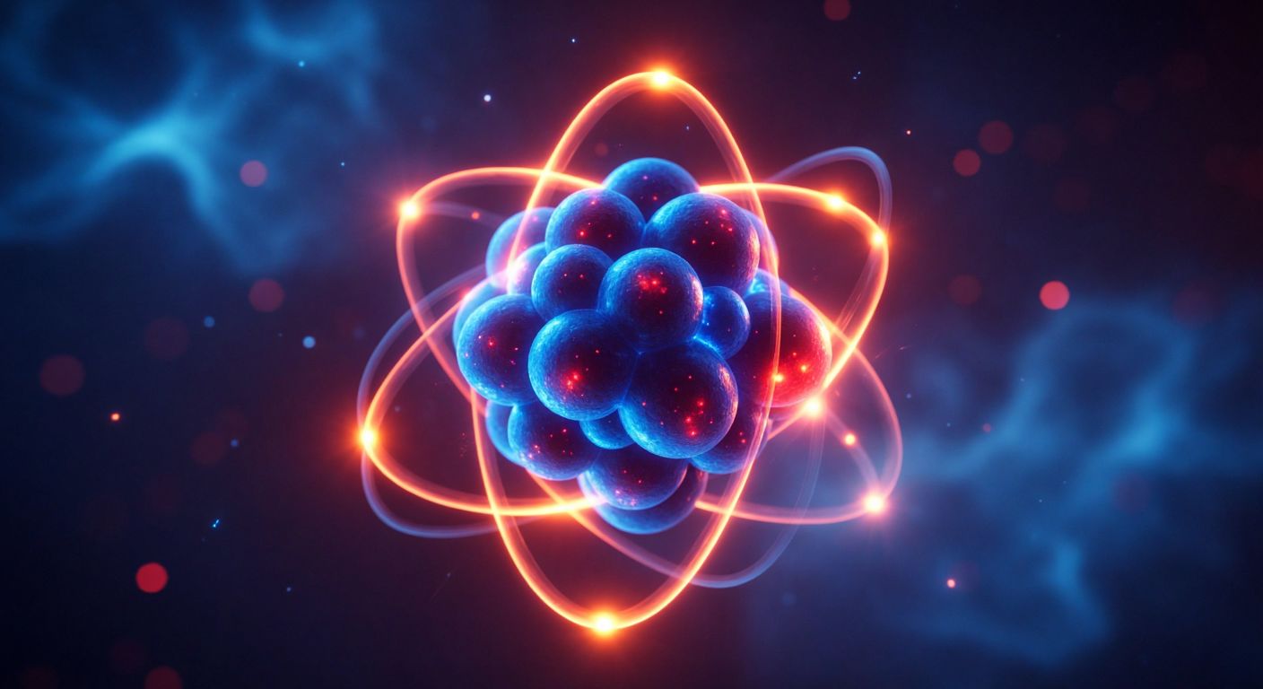 A glowing atomic nucleus with uneven clusters of blue and red spheres representing protons and neutrons, surrounded by a faint orbital haze of electrons.