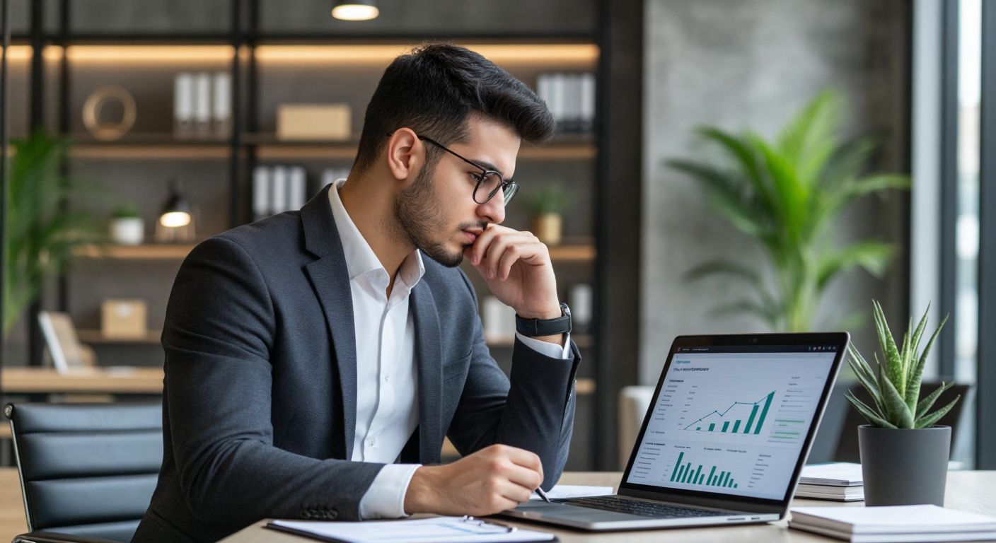 A young professional in a modern Turkish office thoughtfully reviews a checklist while a laptop displays a progress chart, symbolizing career development planning in an LMS.