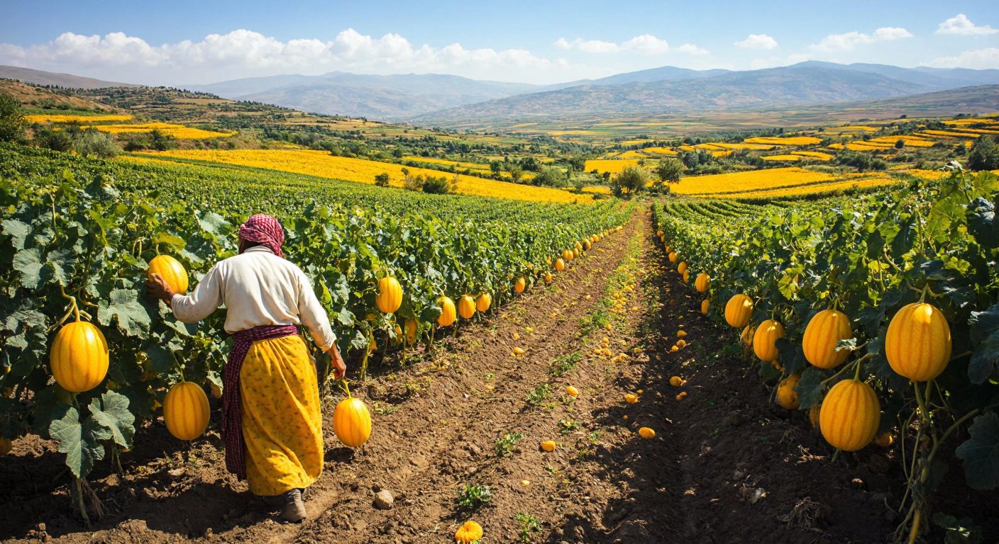 A sunlit Turkish countryside with lush green fields in Diyarbakır, Manisa, and Van, dotted with vibrant yellow kelek melons growing on vines, while a farmer in traditional local attire carefully harvests them.