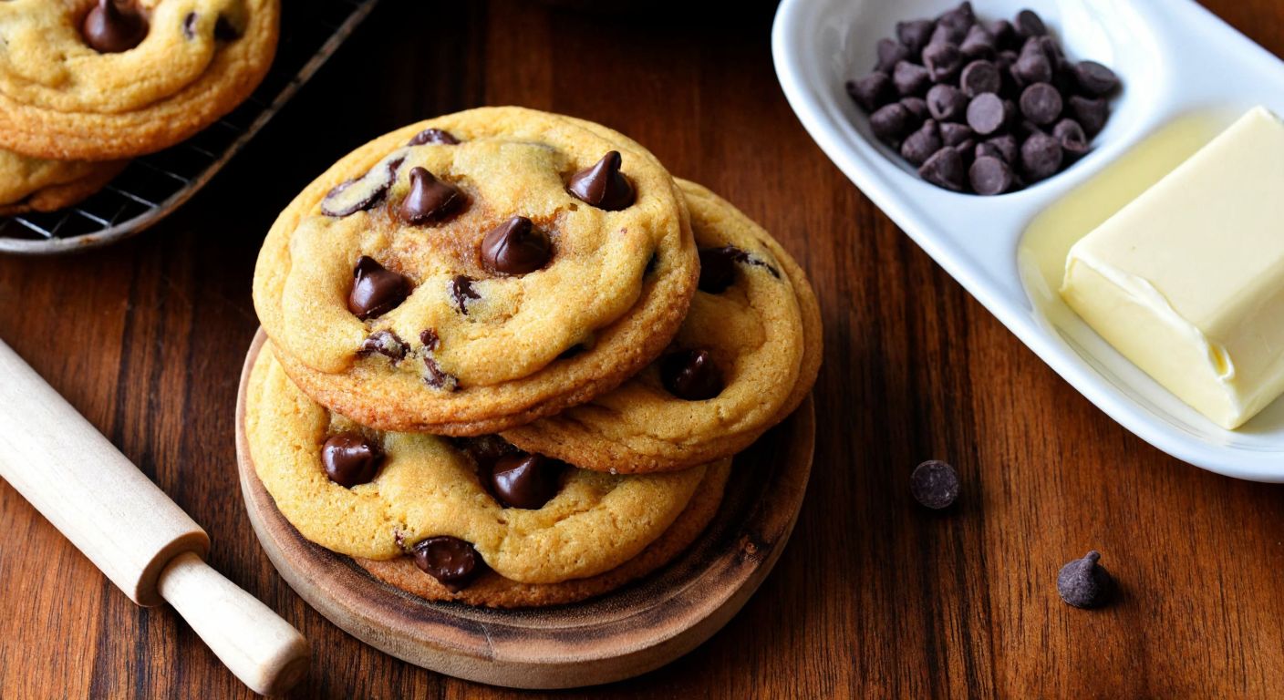 A warm, golden-brown chocolate chip cookie on a rustic wooden table, with a stick of margarine and a bowl of chocolate chips nearby, evoking a cozy Turkish kitchen.