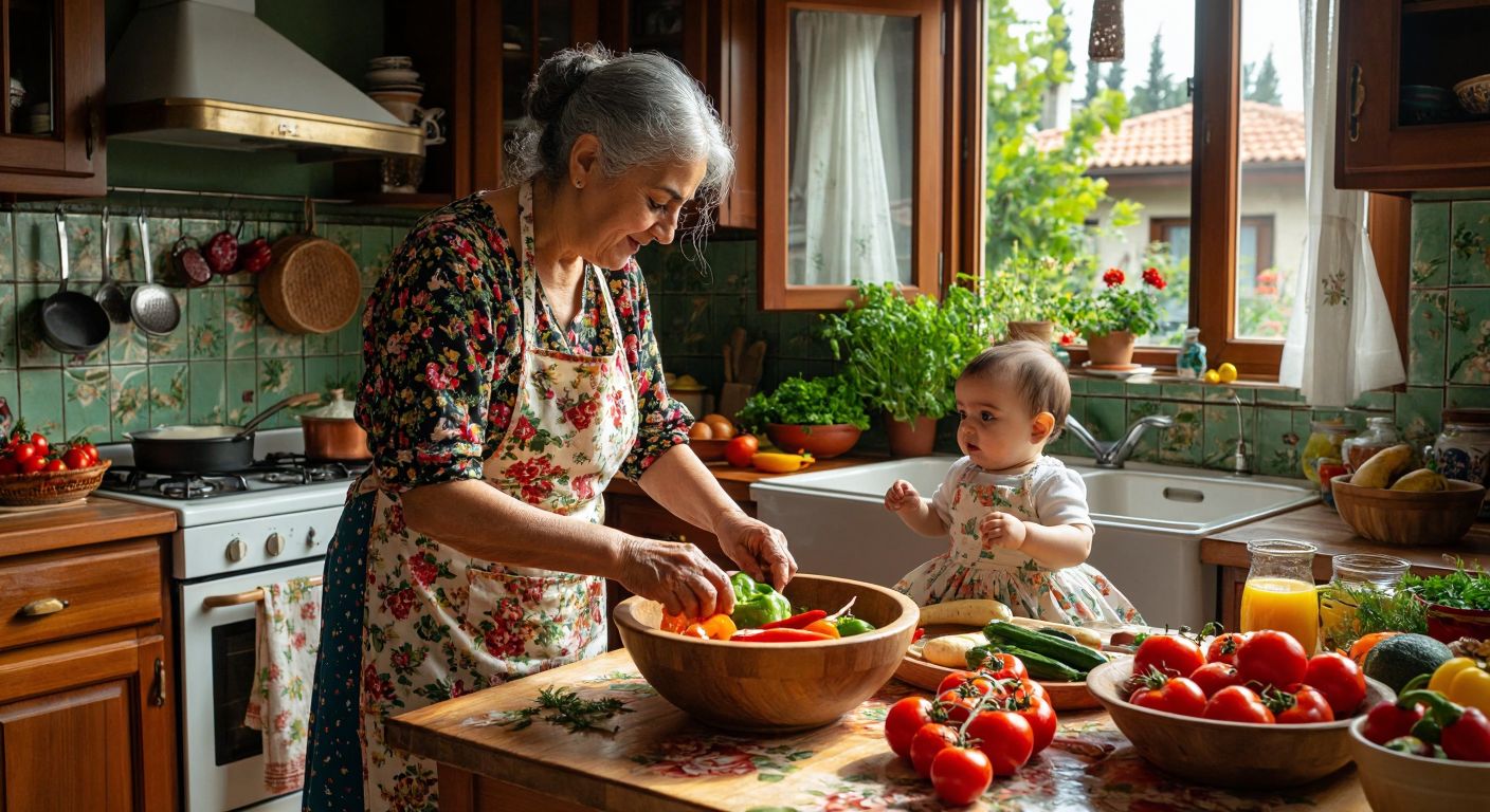 A warm Turkish kitchen scene where a grandmother in a floral apron carefully mashes fresh seasonal vegetables in a wooden bowl while a curious baby watches from a high chair, surrounded by colorful produce and clean cooking tools.