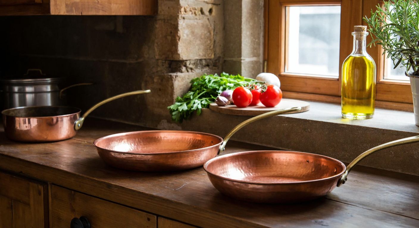A rustic Turkish kitchen with two copper pans side by side—one noticeably smaller (18 cm) and the other larger (20 cm)—resting on a wooden counter beside fresh vegetables and olive oil.