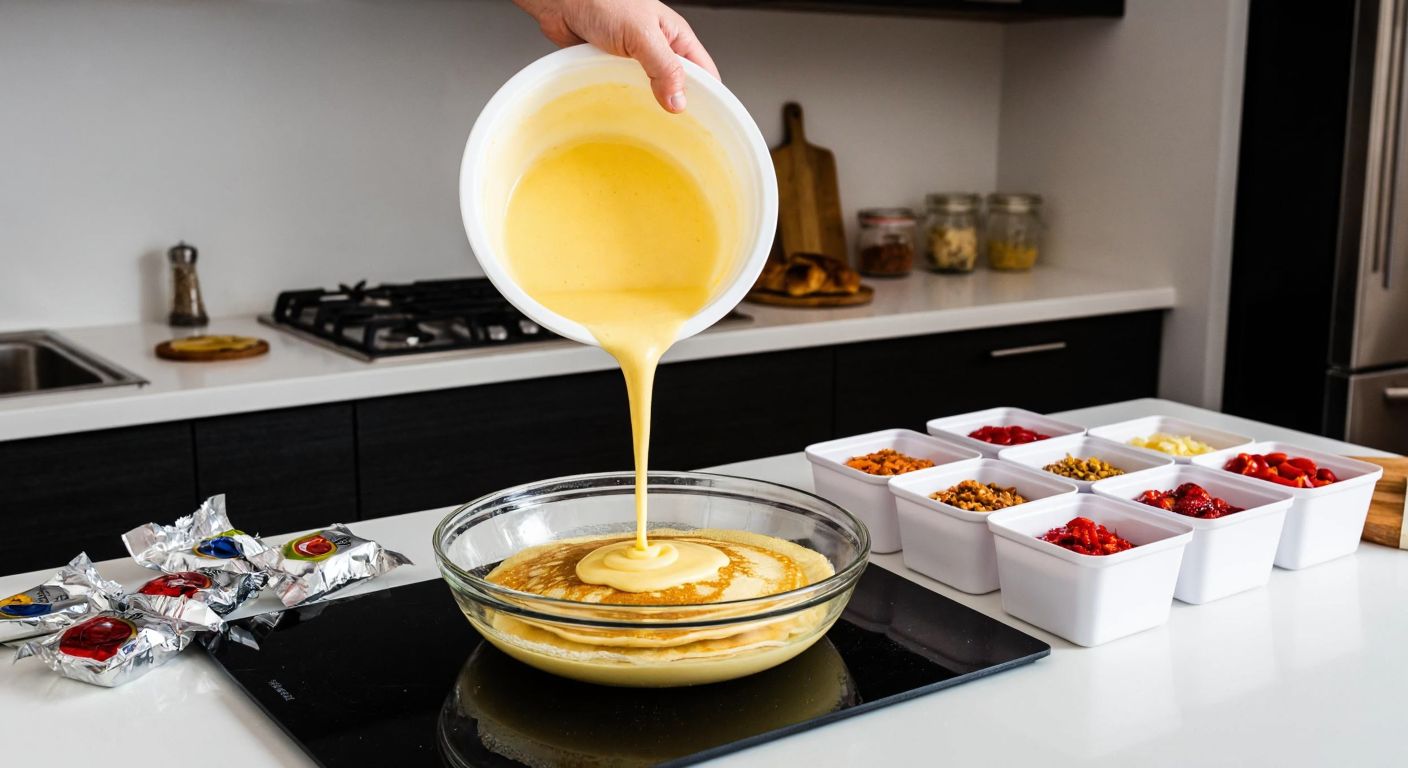 A Turkish kitchen counter with a bowl of golden pancake batter being carefully poured into an airtight container, surrounded by neatly stacked freezer bags and aluminum foil, evoking a sense of organized food preservation.