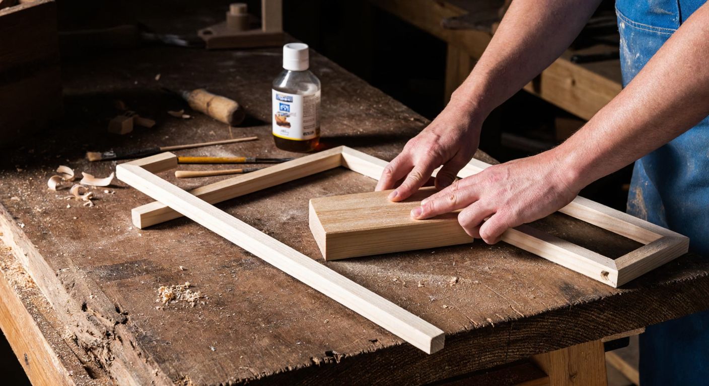 A craftsman’s hands sanding a smooth wooden frame on a rustic workbench, surrounded by scattered wood shavings, a paintbrush, and a small bottle of varnish under warm workshop lighting.