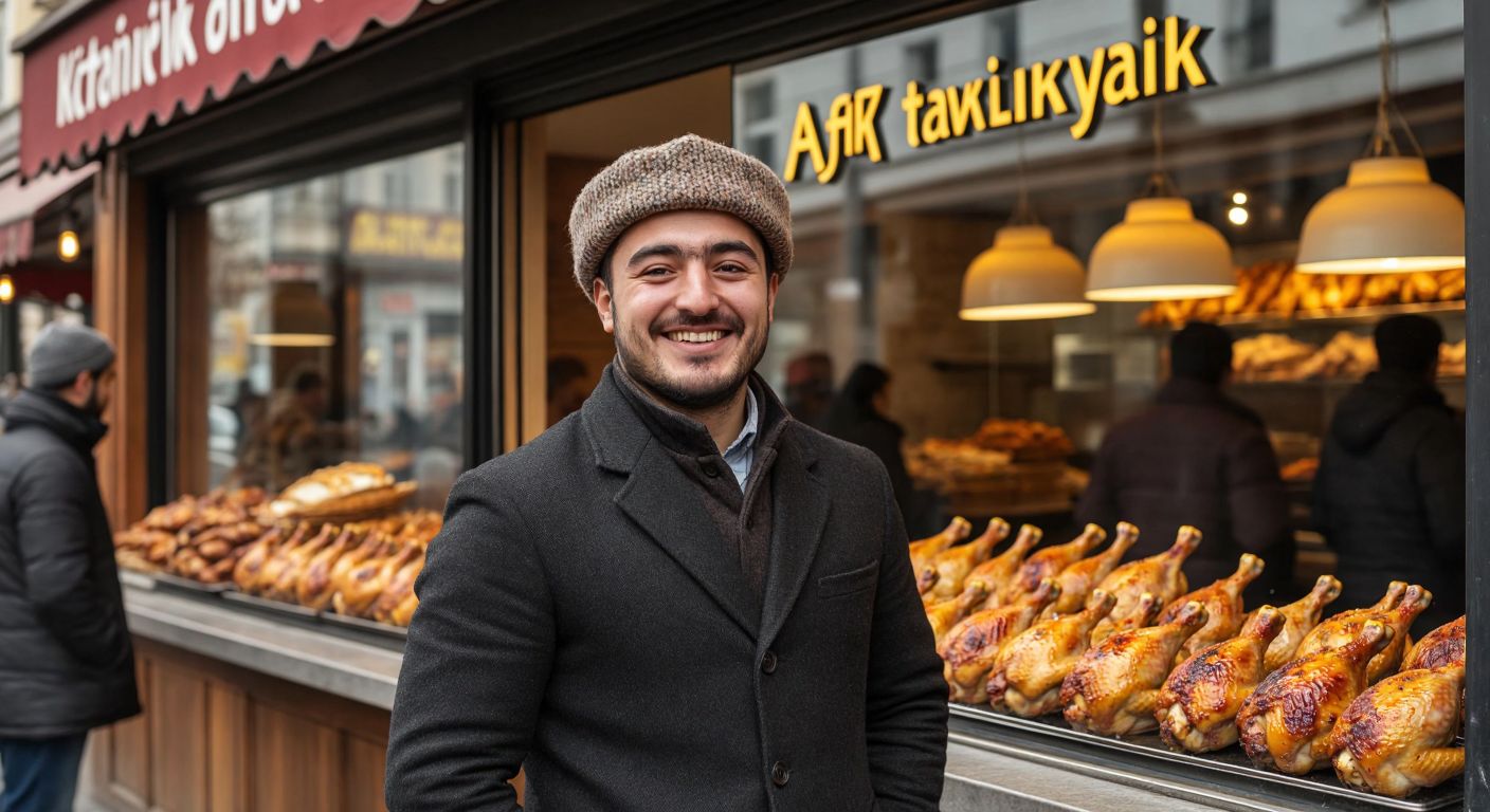 A smiling man with a proud stance, wearing a traditional Kars-style wool hat, stands in front of a bustling **Tavuk Dünyası** restaurant with golden roasted chickens displayed in the window.