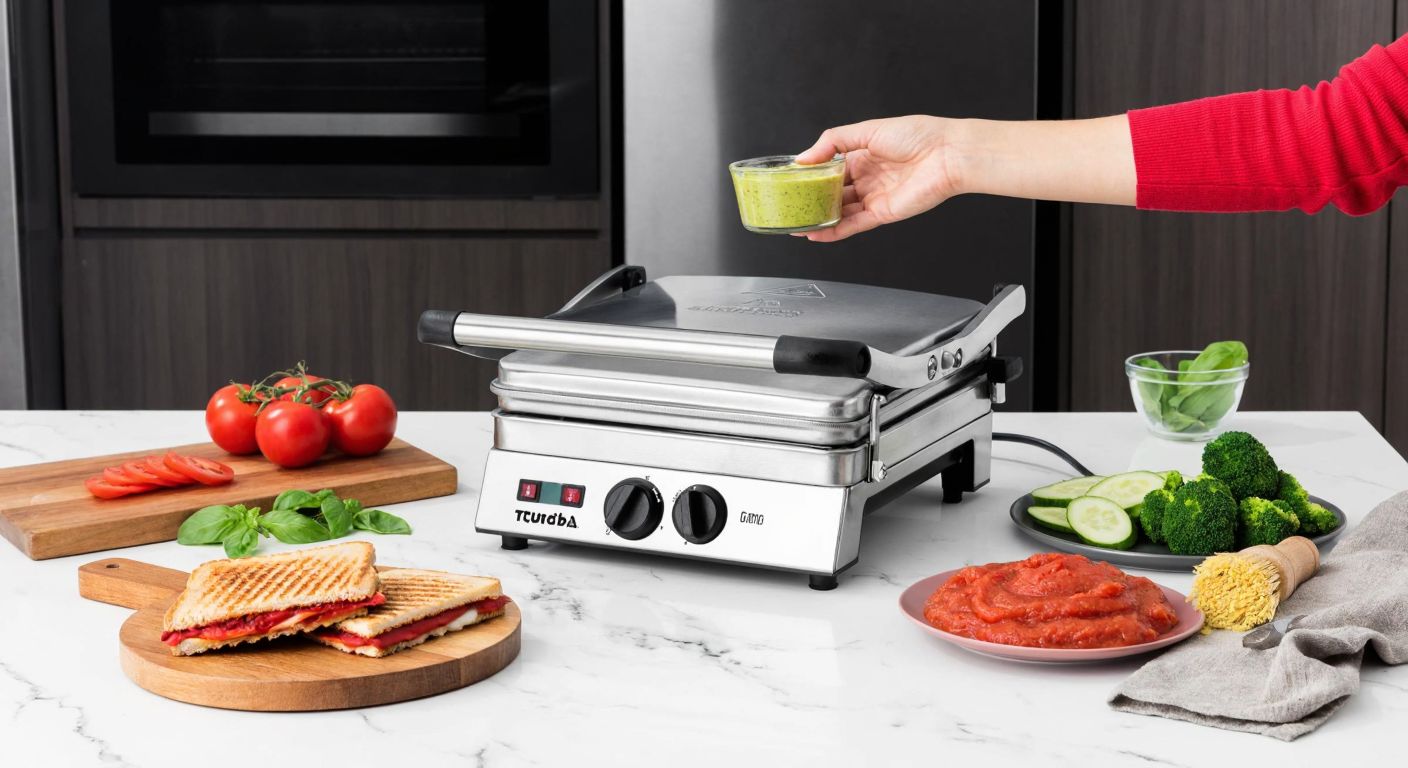 A Turkish kitchen scene with a stainless steel Tuğra Çelik tost machine and salça maker on a marble countertop, surrounded by fresh ingredients, while a hand holds one product with a thoughtful expression.