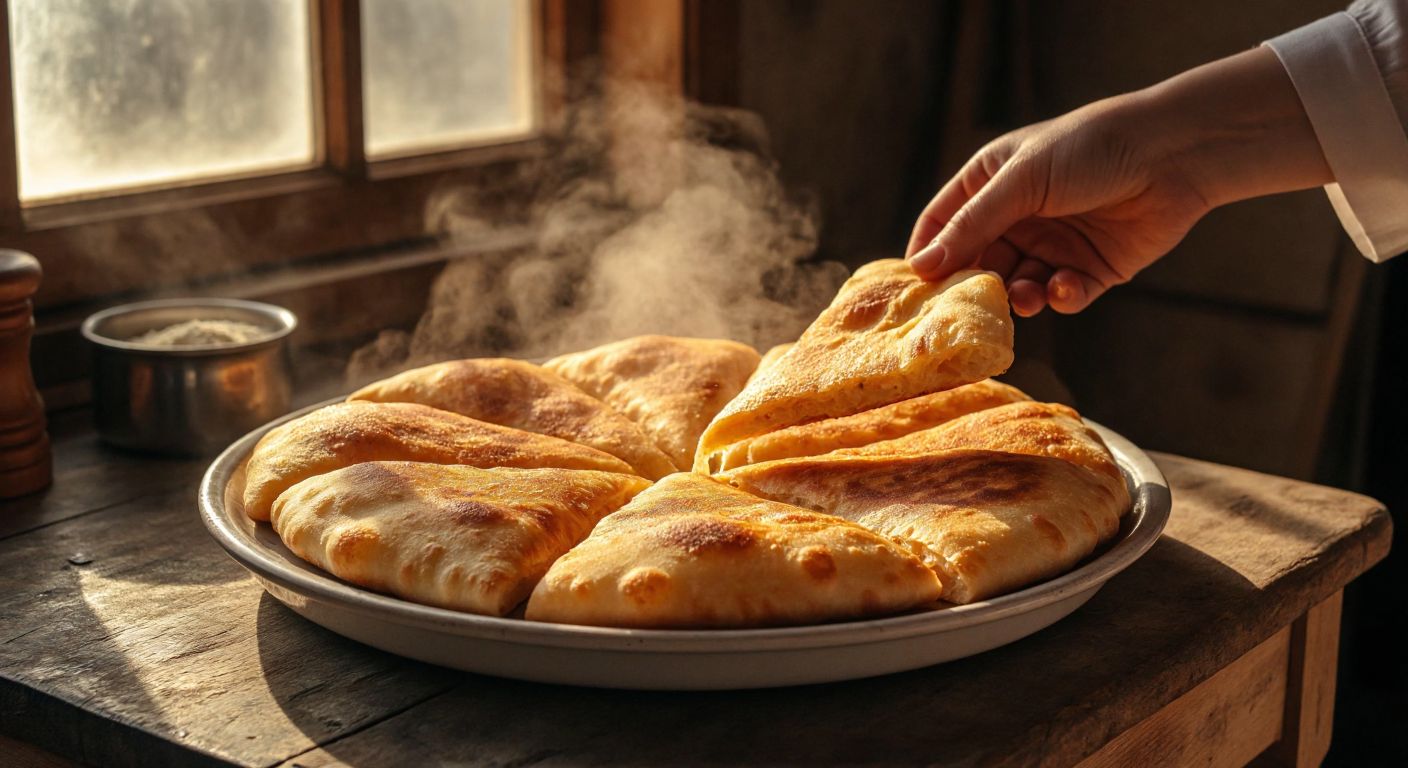 A steaming plate of golden-brown hıtap bread, freshly baked and slightly crispy, placed on a rustic wooden table in a cozy Adıyaman kitchen, with warm sunlight streaming through a window and a hand reaching to tear off a piece.