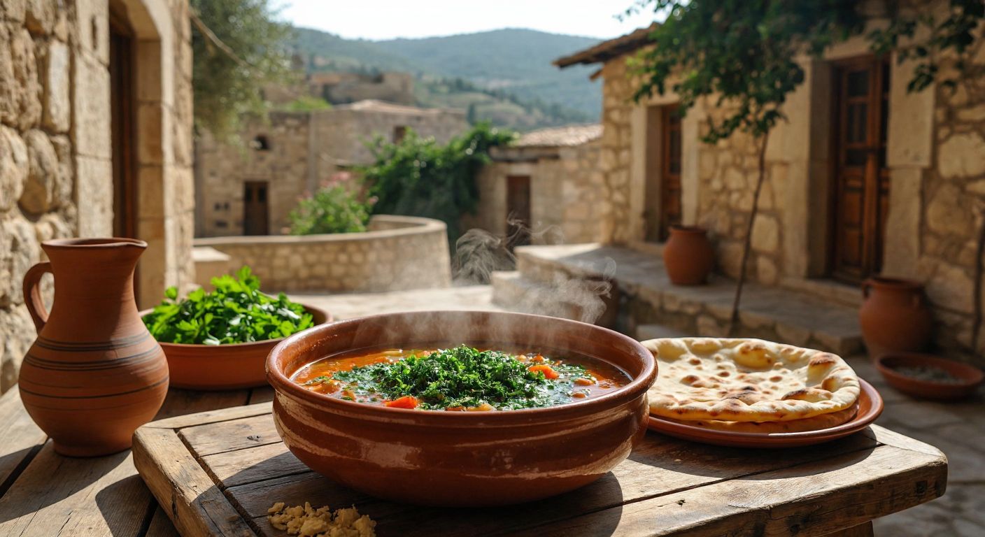 A steaming bowl of **tırşik** soup with vibrant green herbs, served on a rustic wooden table in a sunlit courtyard of a traditional stone house in **Şanlıurfa**, surrounded by warm earthenware and fresh flatbread.