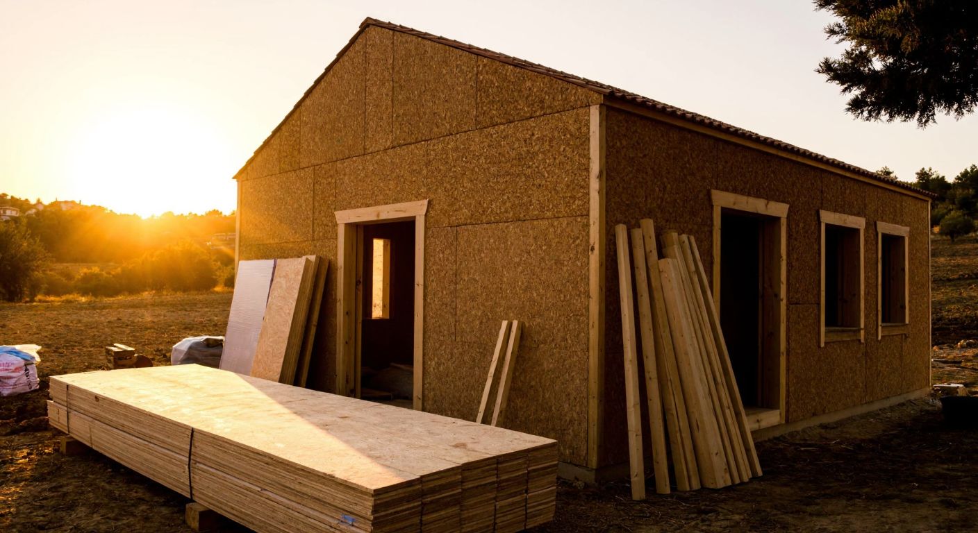 A rustic, half-built cork house in a Turkish countryside setting, with stacked cork panels, wooden beams, and insulation materials neatly arranged nearby, under a warm golden sunset.