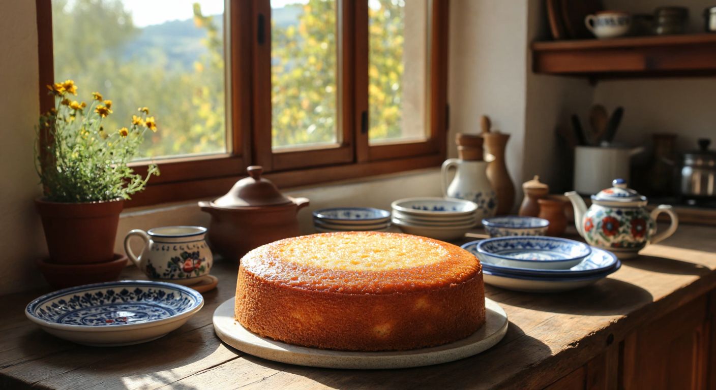 A golden-brown, round Gülüt cake sits on a rustic wooden table in a cozy Sivas kitchen, surrounded by warm sunlight and traditional Turkish ceramic plates.