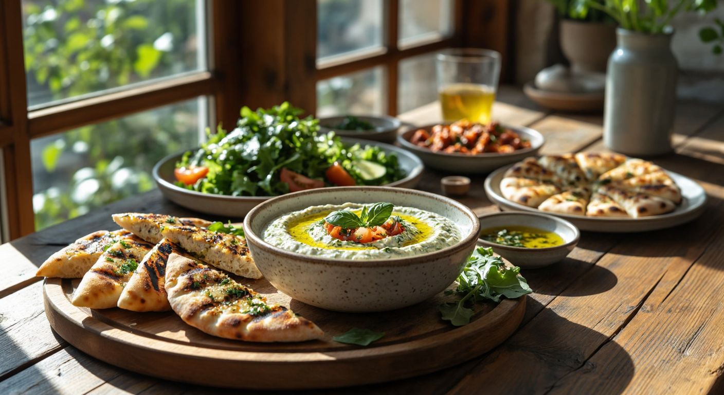 A rustic wooden table in a sunlit Turkish kitchen holds a bowl of creamy kabak tarator, surrounded by grilled chicken, a fresh green salad, olive oil-drizzled vegetables, warm pide slices, and a small plate of kısır, evoking a cozy, homely meal.