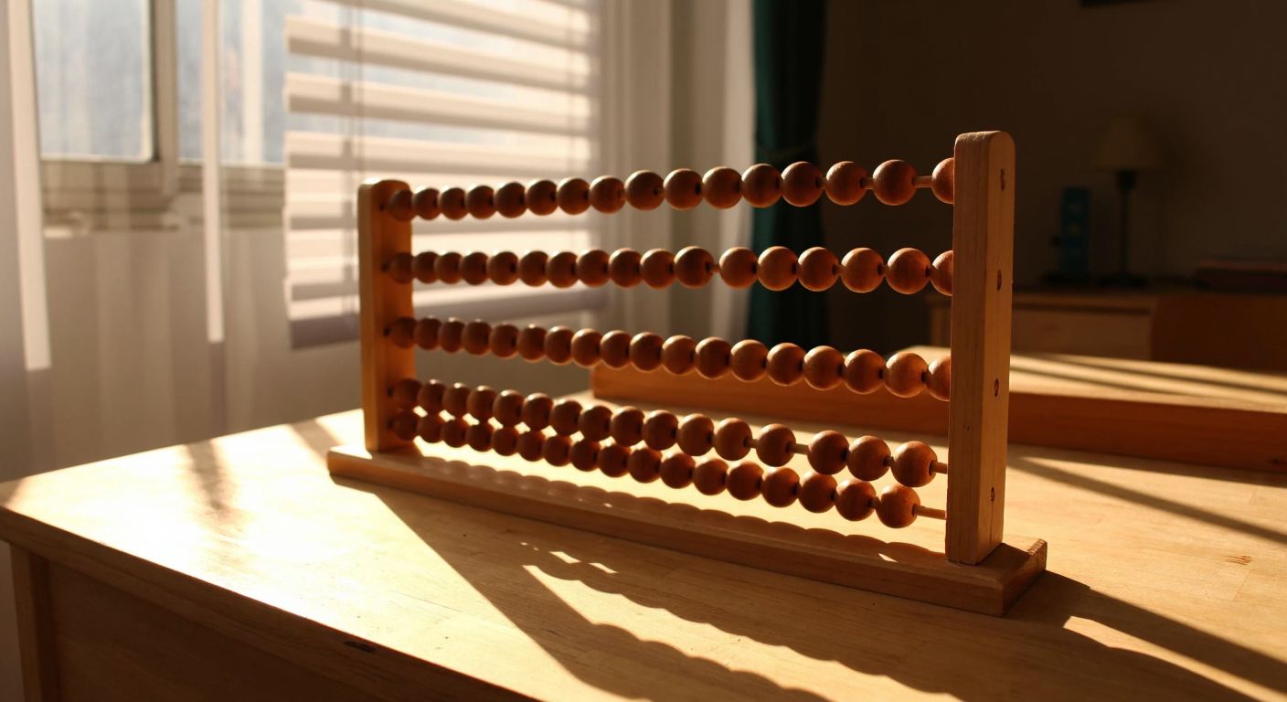 A simple wooden abacus with two rows of beads, one showing 6000 and the other 6001, resting on a sunlit table in a cozy Turkish classroom.