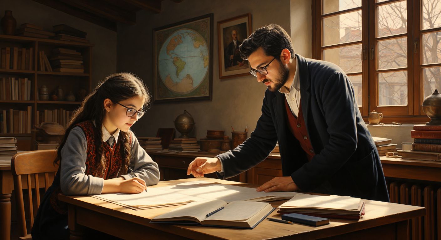 A warm Turkish classroom with a patient tutor in glasses pointing to geometric shapes on a wooden desk while a focused student nods in understanding.